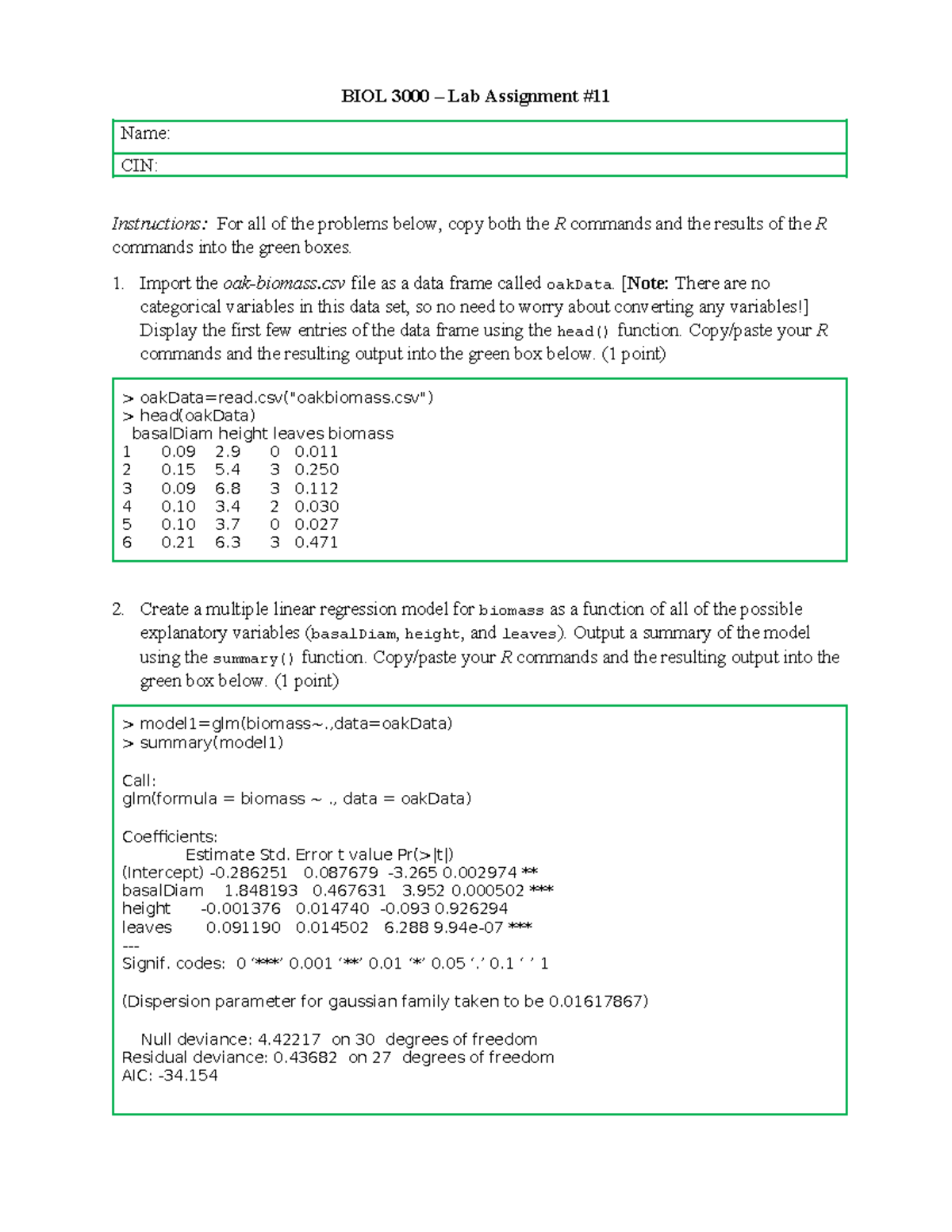 Lab Assignment 11 - lab - BIOL 3000 – Lab Assignment Name: CIN ...