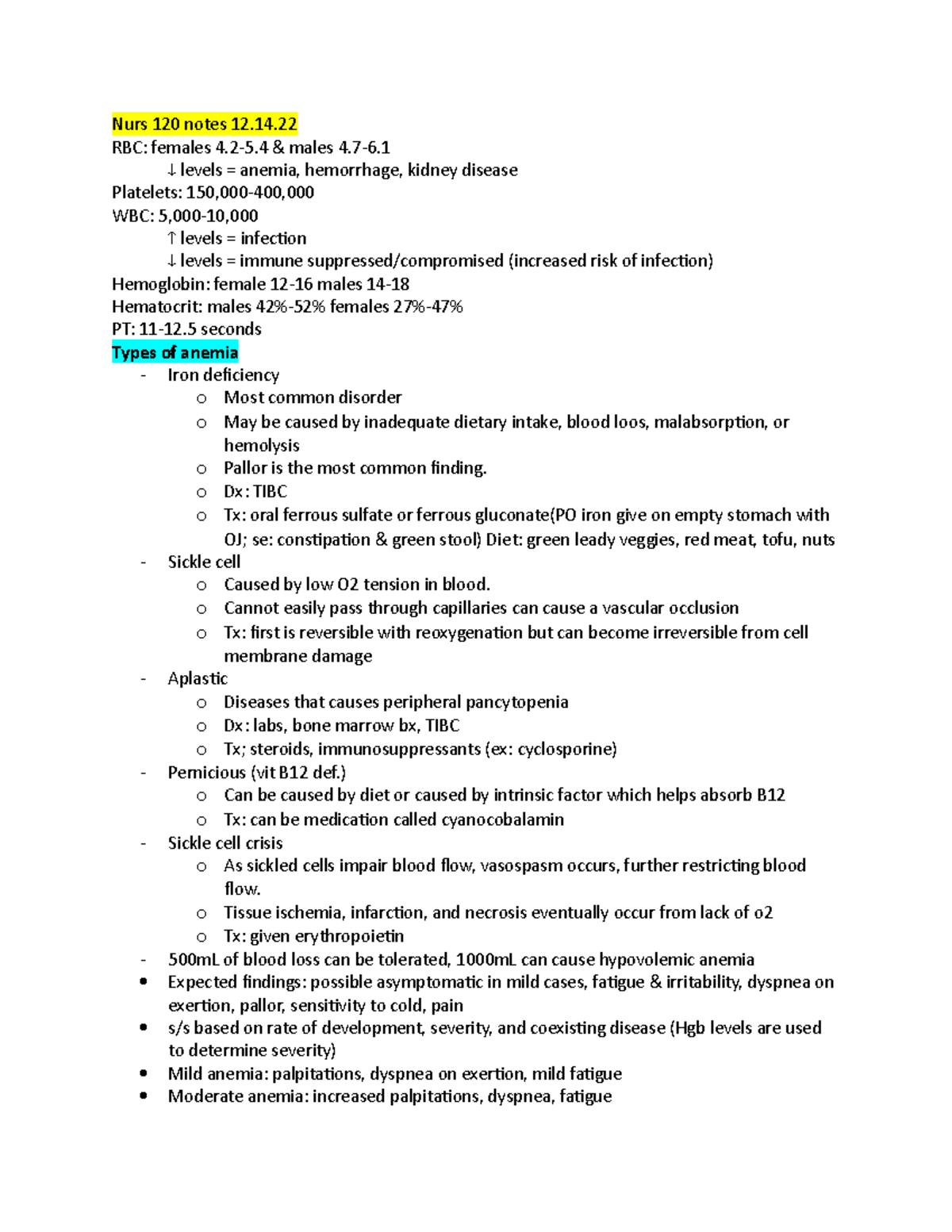 Nurs 120 Notes 12 - Hematologic - Nurs 120 Notes 12. RBC: Females 4.2-5 ...