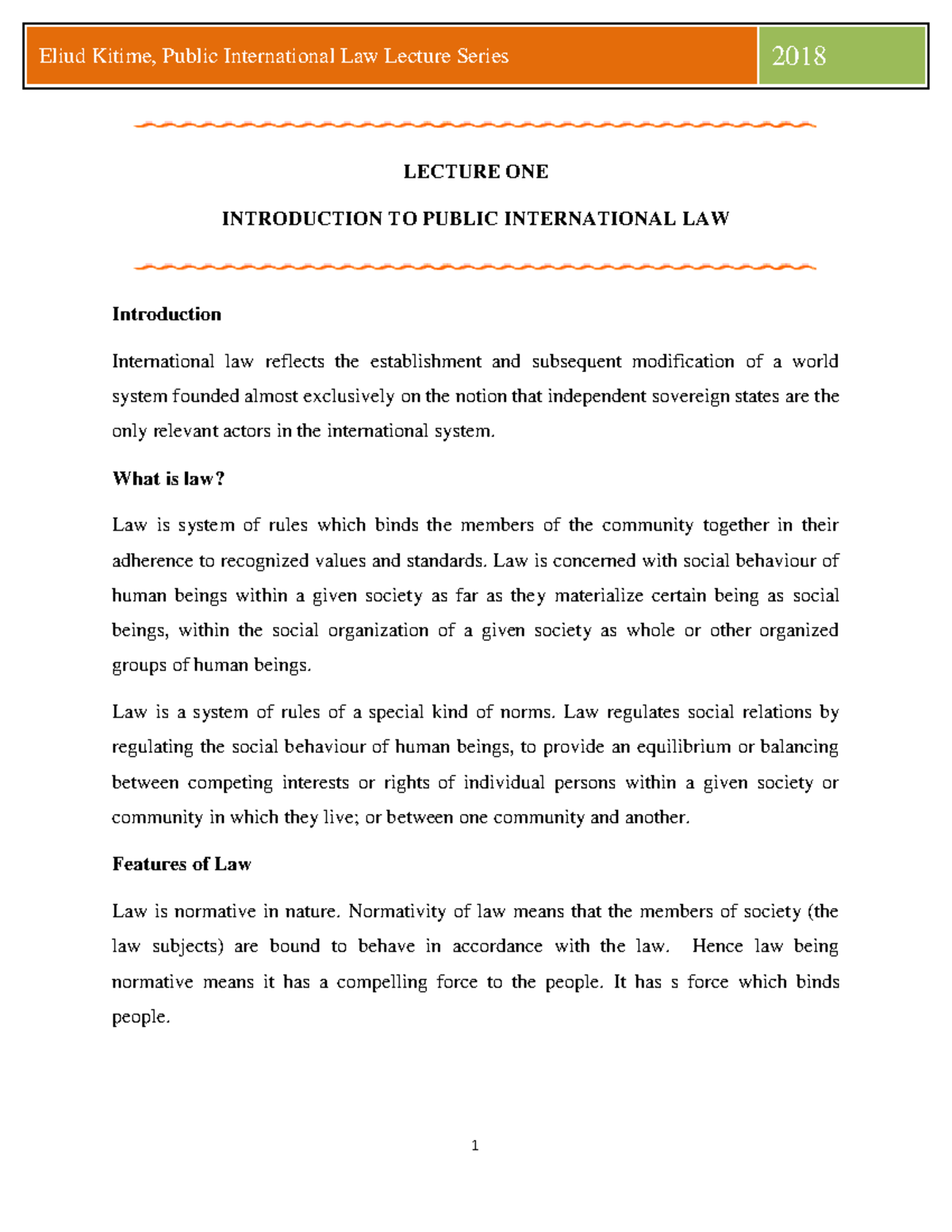 Public International LAW FULL Notes FOR - LECTURE ONE INTRODUCTION TO ...