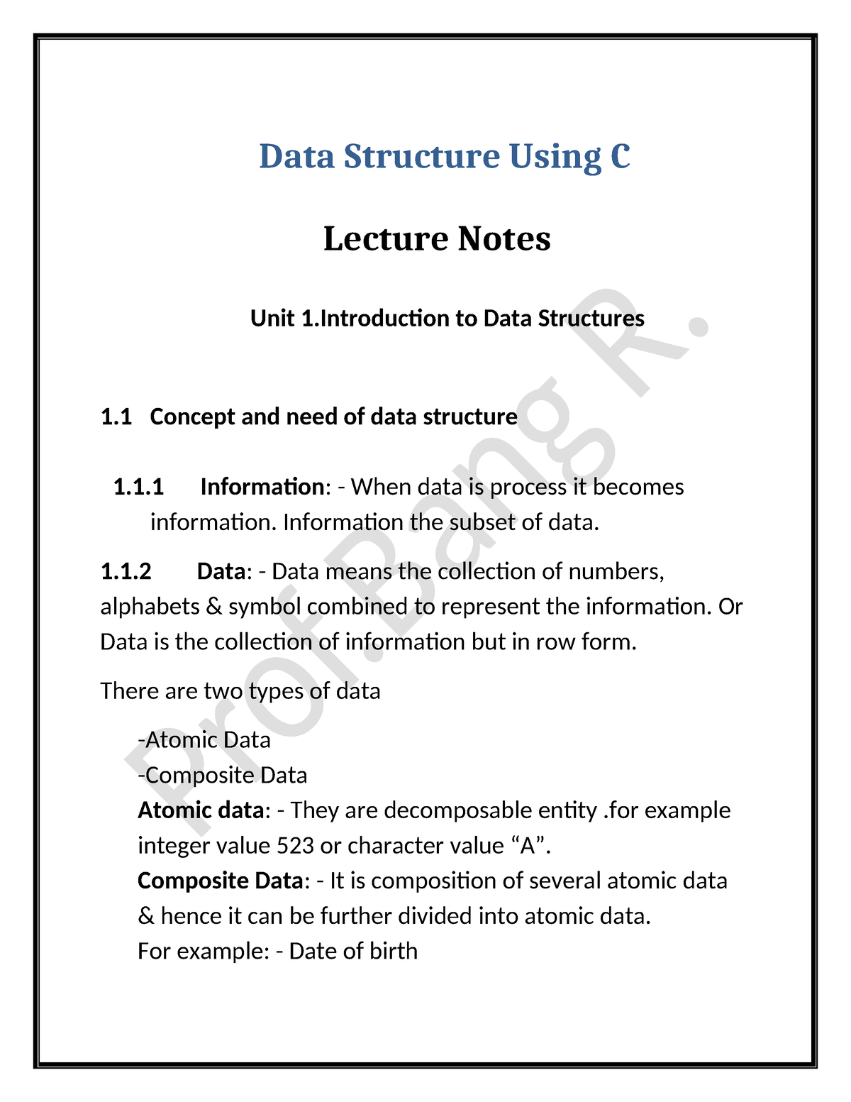 4 5971839055116111419 - Data Structure Using C Lecture Notes Unit 1琀椀on ...