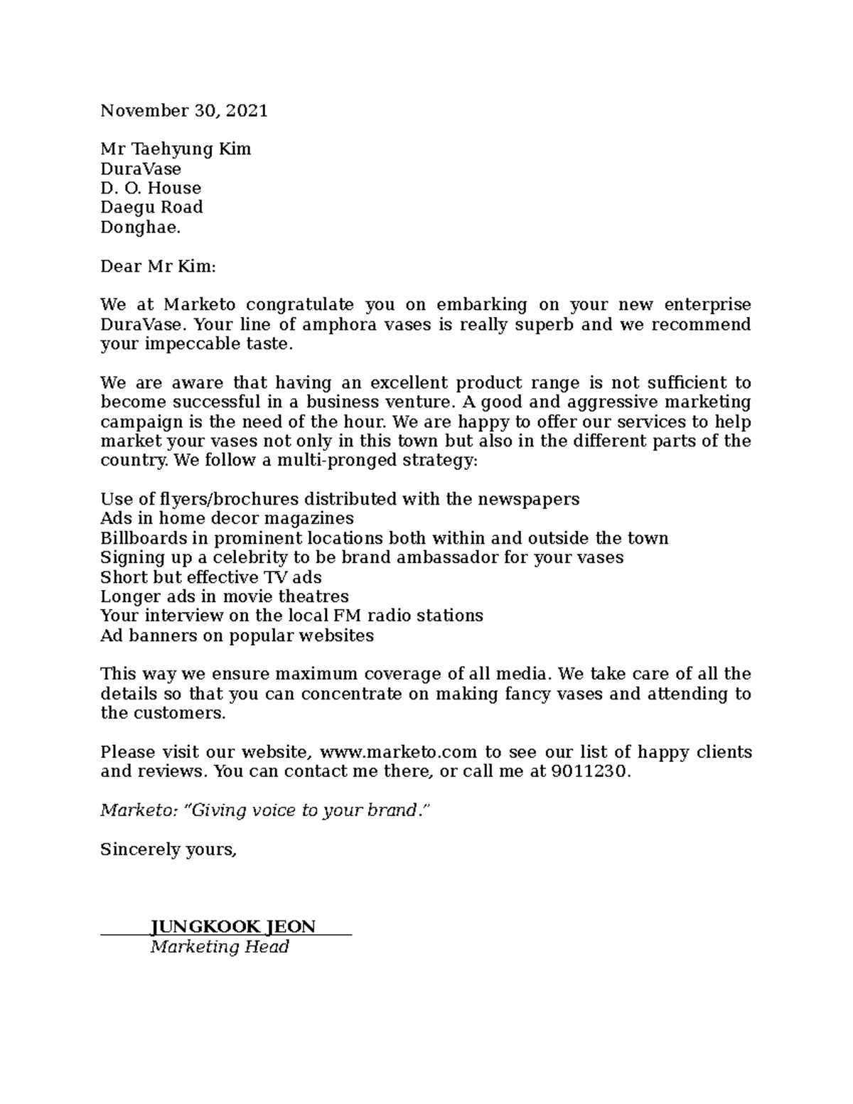 Business Letter - November 30, 2021 Mr Taehyung Kim DuraVase D. O ...