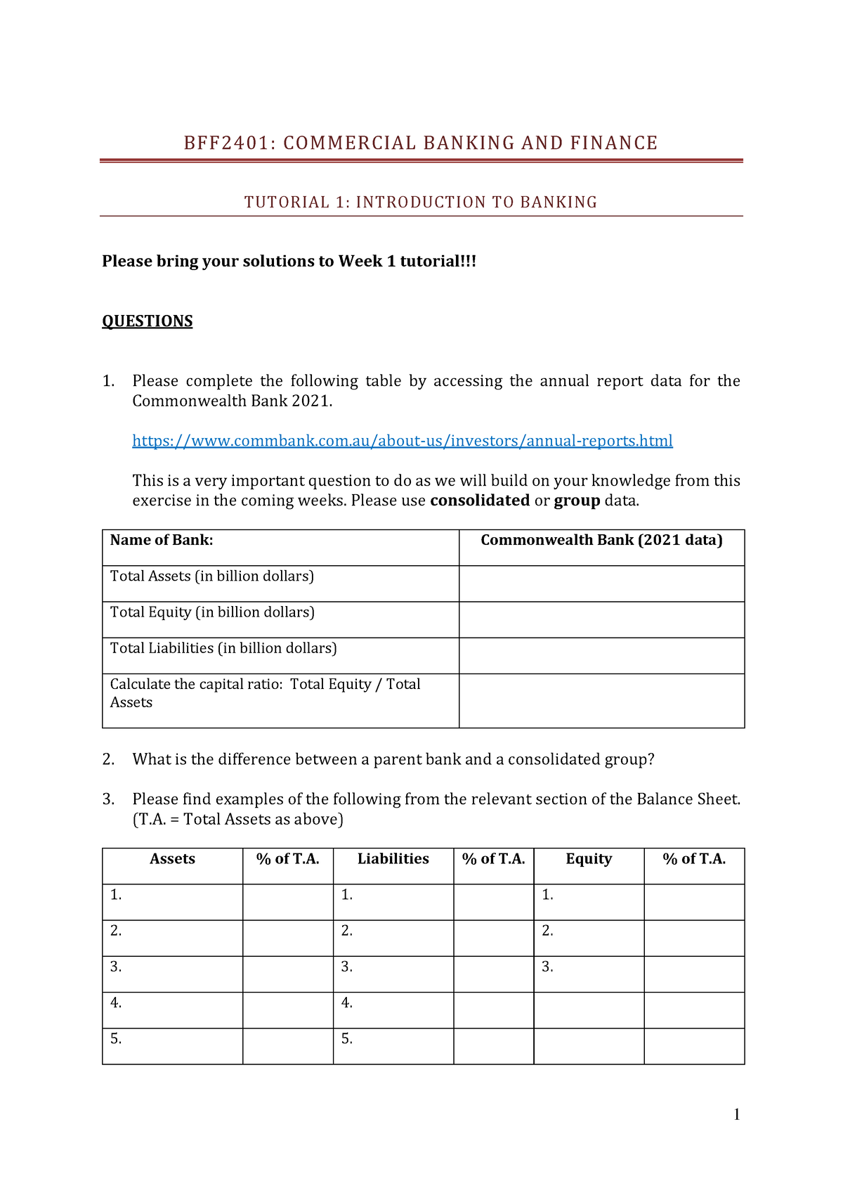 Week1 Tutorial Questions - Week 1 - 1 B F F 2 4 0 1 : C OMM ER C I A L ...