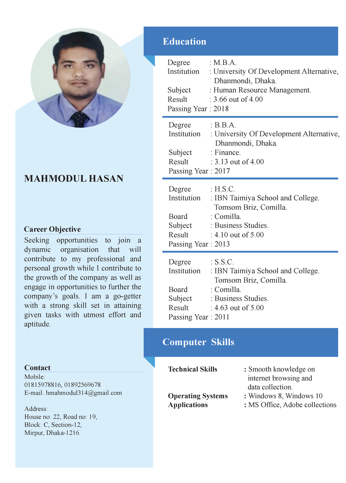 Mahmudul's CV - MAHMODUL HASAN Career Objective Seeking opportunities ...