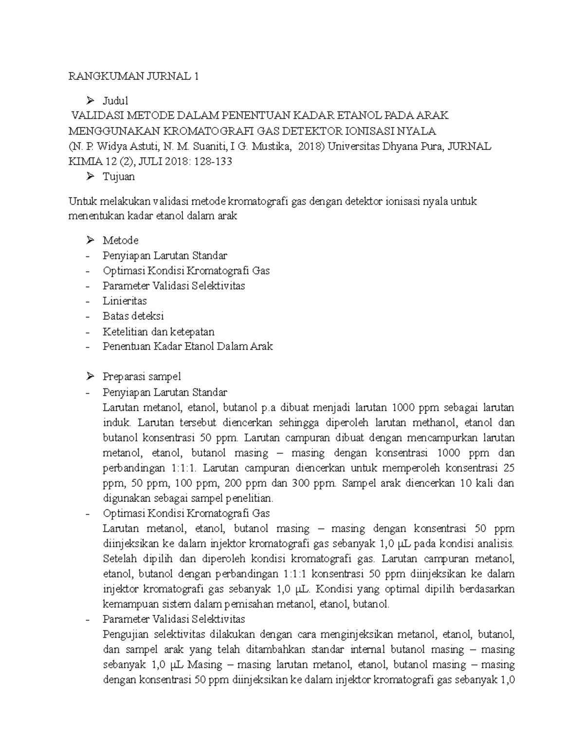 Rangkuman Jurnal Validasi Metode Dalam Penentuan Kadar Etanol Pada Arak