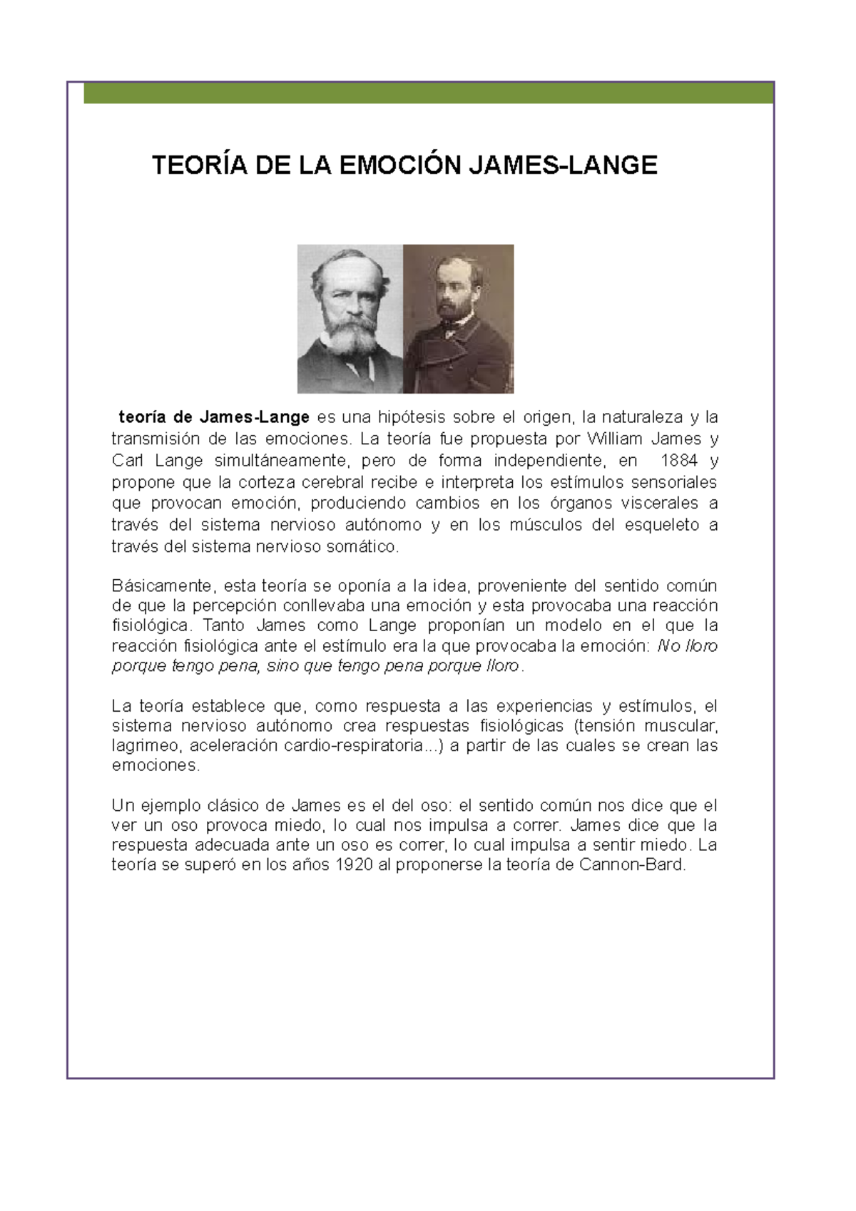 Teoria James TEORÍA DE LA EMOCIÓN JAMESLANGE teoría de JamesLange