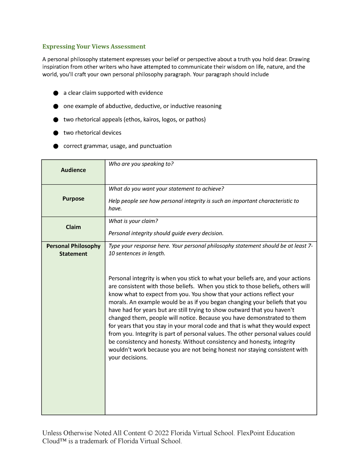 4.05 flvs assignment Expressing Your Views Assessment A personal