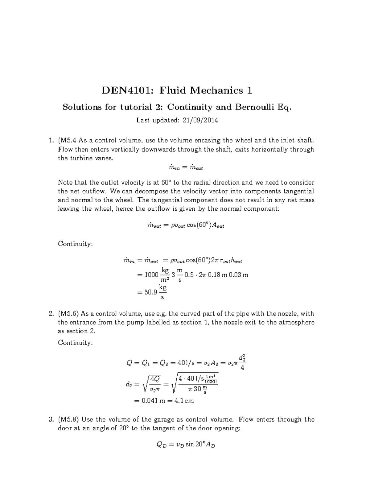 Problem Set 2 - Solutions - DEN4101: Fluid Mechanics 1 Solutions For ...