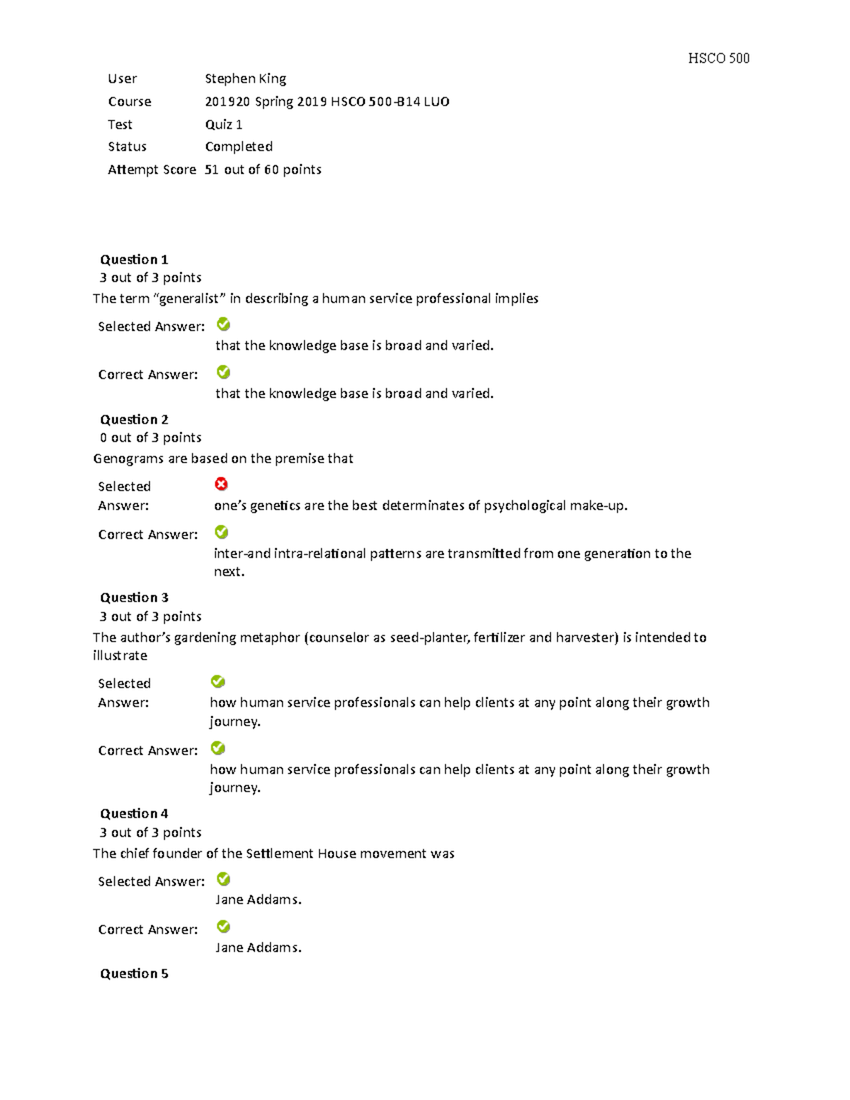 Quiz 1 HSCO 500 - Quiz 1 HSCO 500 - User Stephen King Course 201920 ...