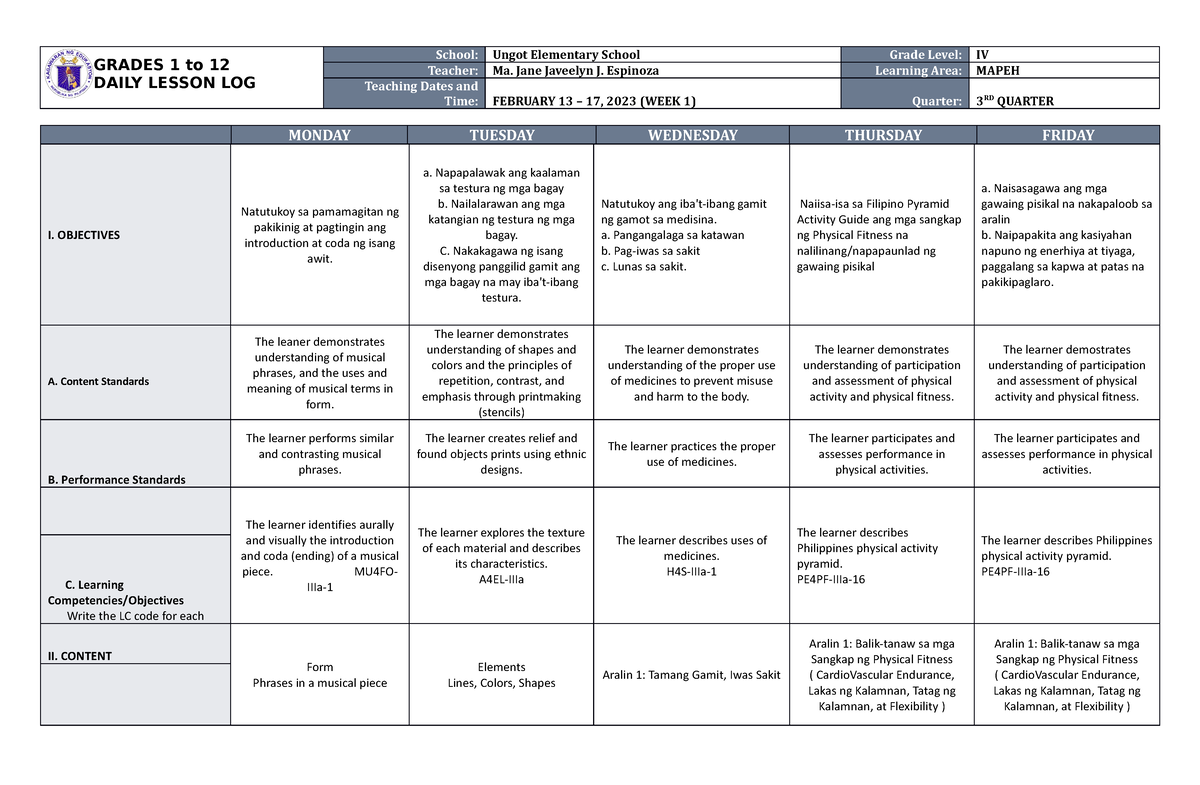 DLL Mapeh 4 Q3 W1 - 2312asdwada - GRADES 1 to 12 DAILY LESSON LOG ...