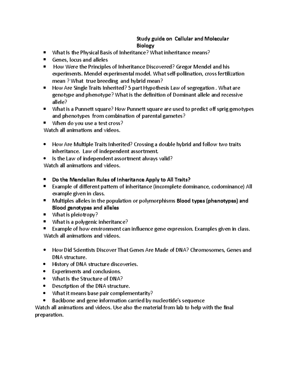 Study Guide on Cellular and Molecular Biology - Study guide on Cellular ...