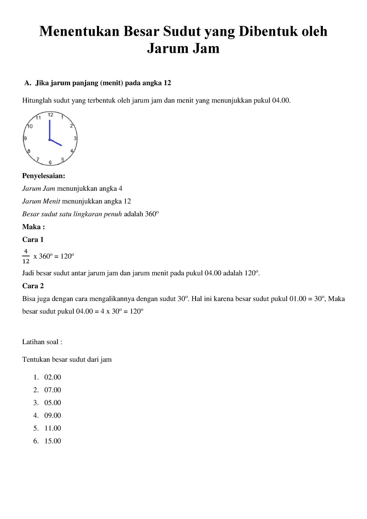 Menentukan Besar Sudut Yang Dibentuk Oleh Jarum Jam Jika Jarum