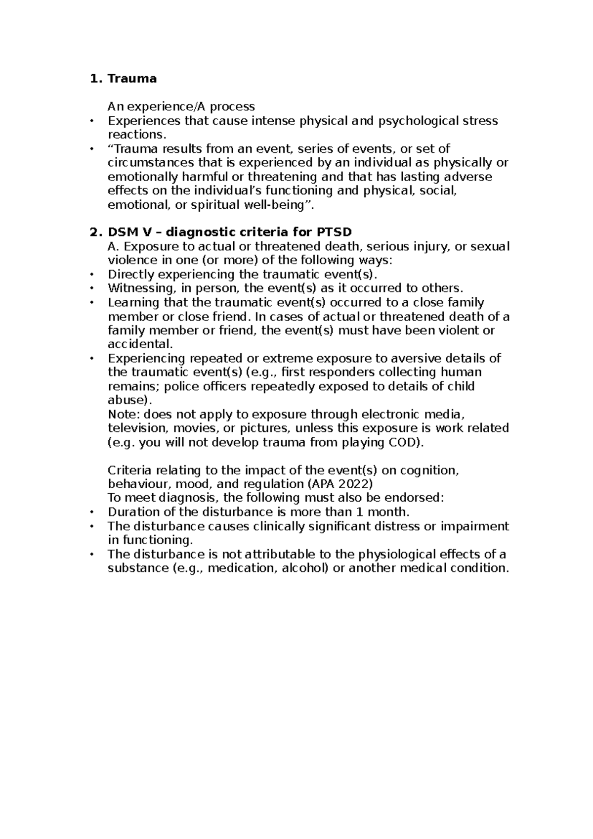 Week 3 Trauma informed care and PTSD - 1. Trauma An experience/A ...