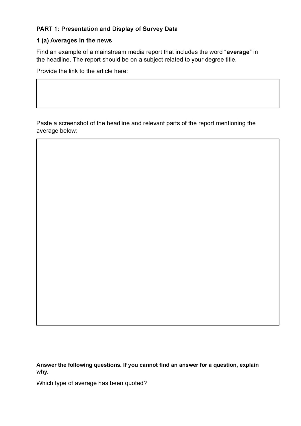 Assessment 2 Part 1 - PART 1: Presentation and Display of Survey Data 1 ...