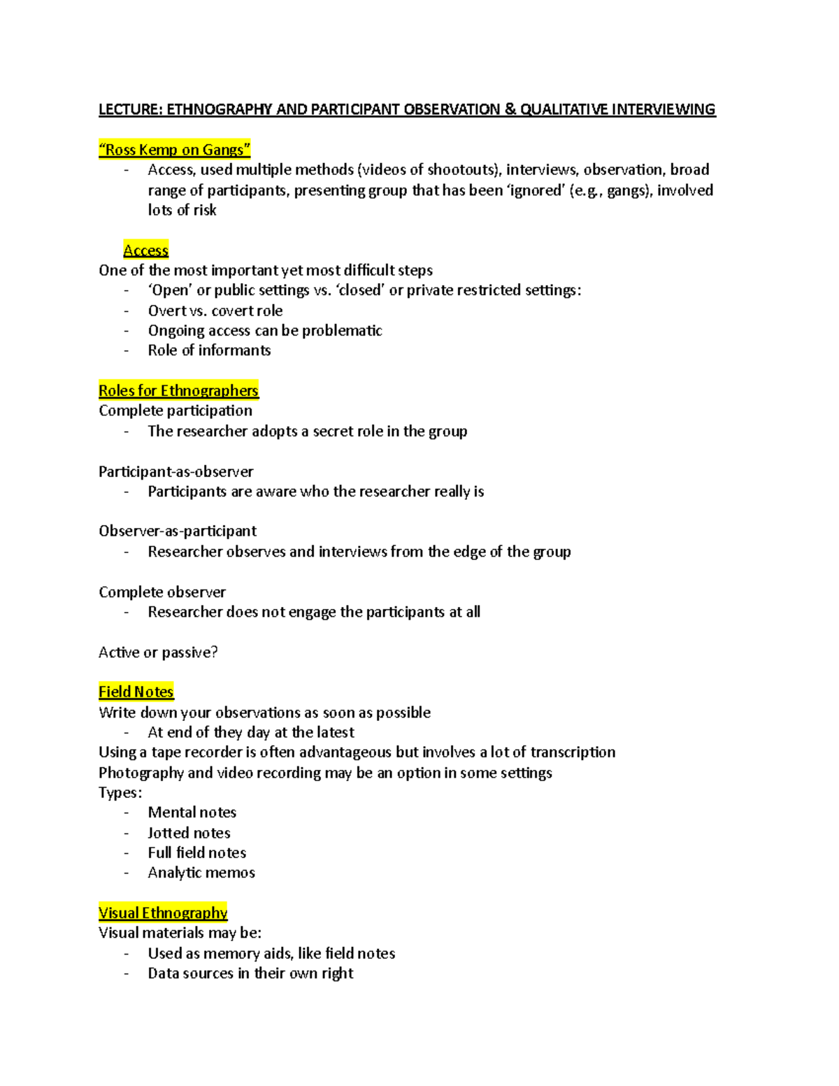 220 wk8 class notes - LECTURE: ETHNOGRAPHY AND PARTICIPANT OBSERVATION ...