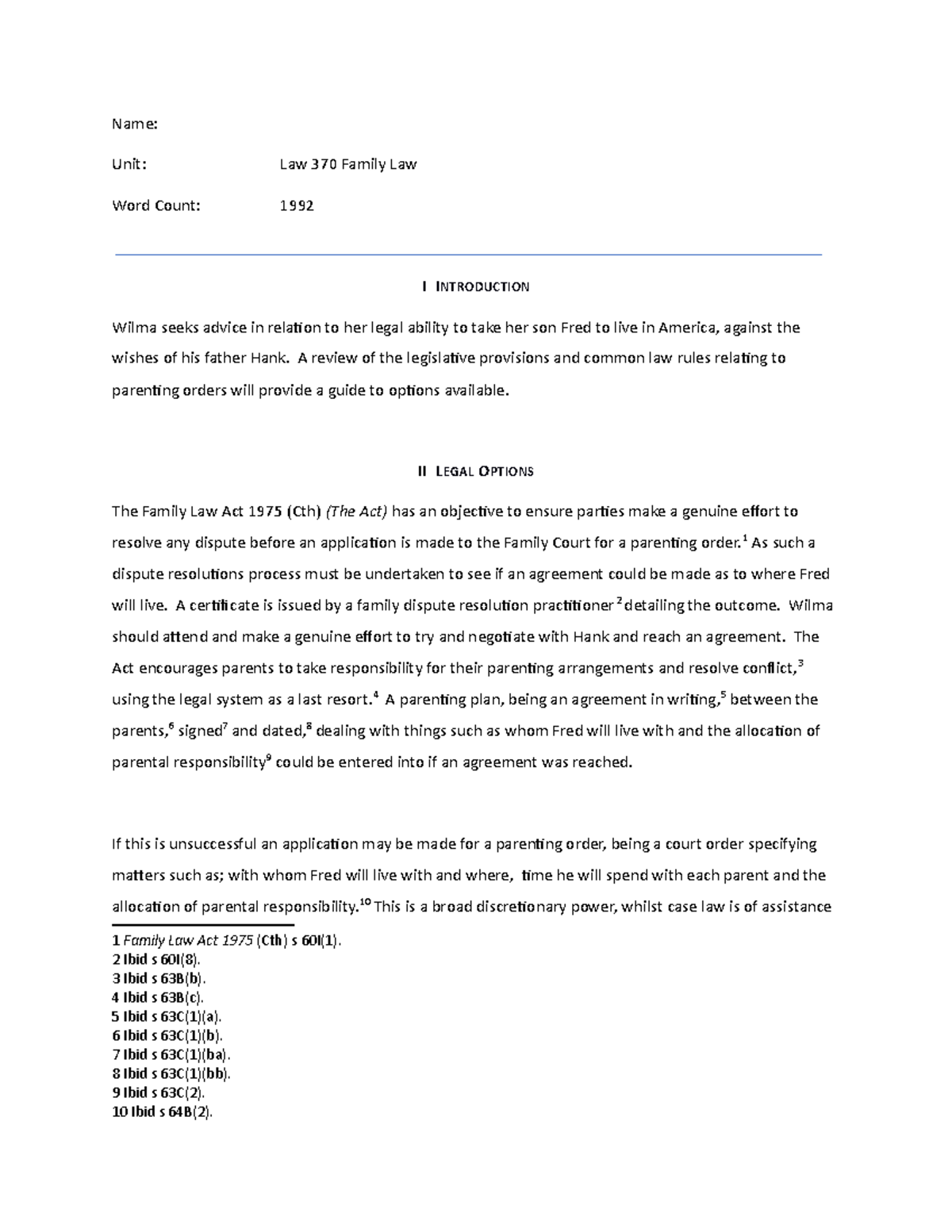 LAW370 Assignment HD grade Name Unit Law 370 Family Law Word