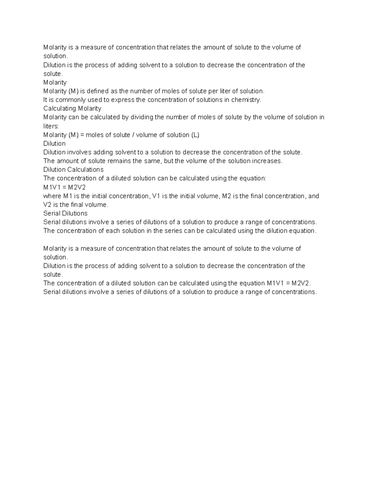 Molarity and Dilution Notes Molarity is a measure of concentration