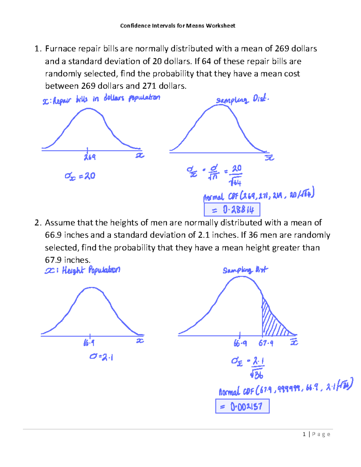 Ch14 Confidence Intervals for Means Worksheet - Furnace repair bills ...