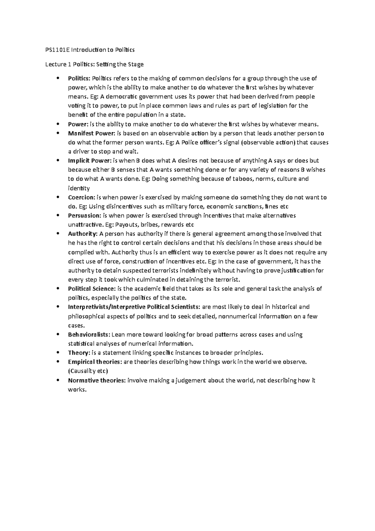 Lecture 1 Introduction to Politics lecture notes - PS1101E - NUS - Studocu