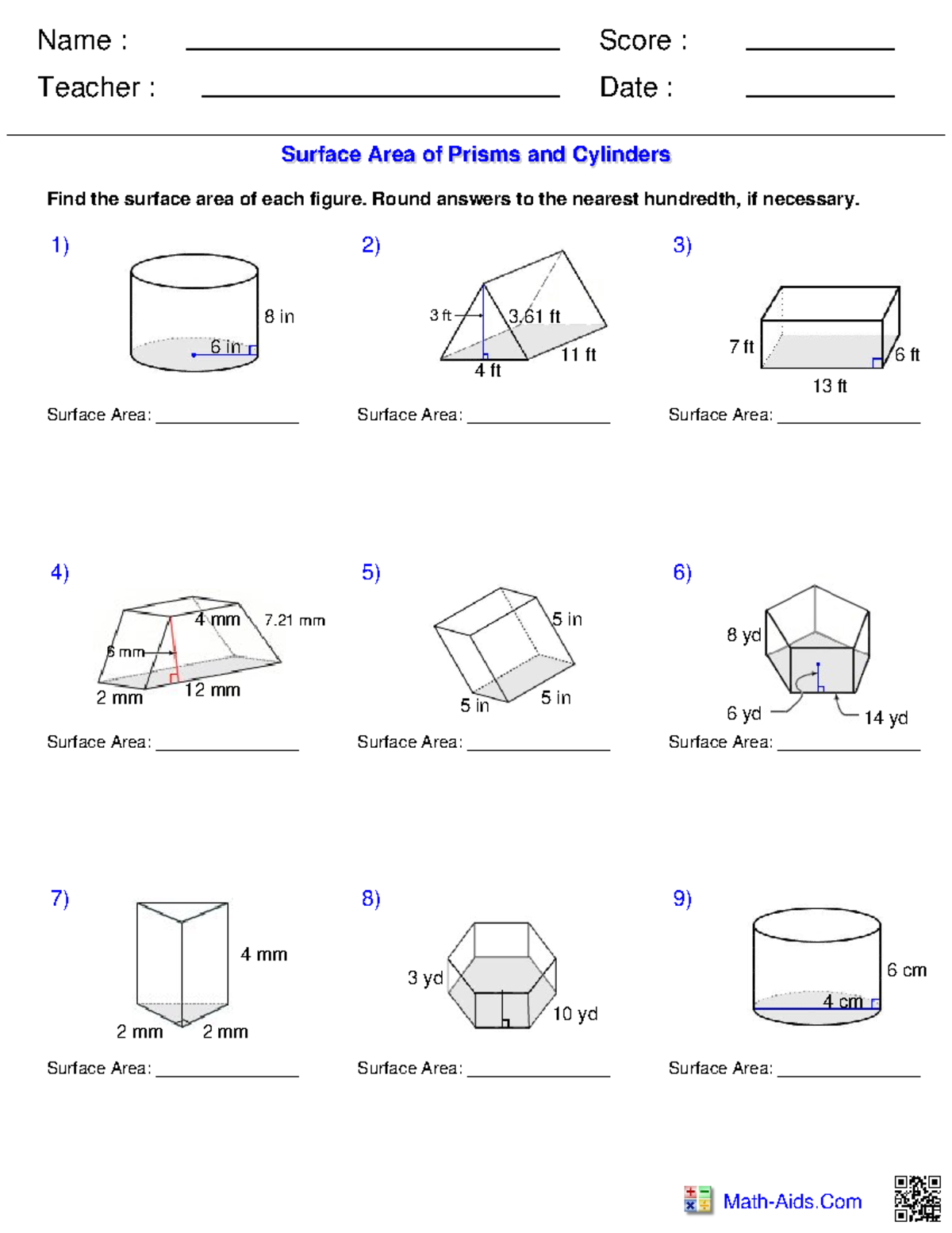 GEO Chp. 12 SA and Prisms and Cylinders - Name : Teacher : Date : Score ...