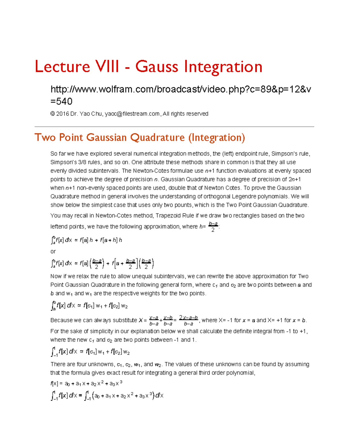 Lecture 8 - Gauss Integration - Lecture VIII - Gauss Integration - Studocu