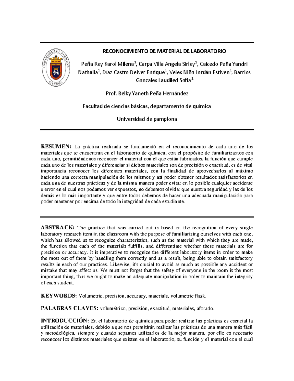 Informe Reconocimiento DE Material DE Laboratorio- Grupo E- Grupo 3 ...