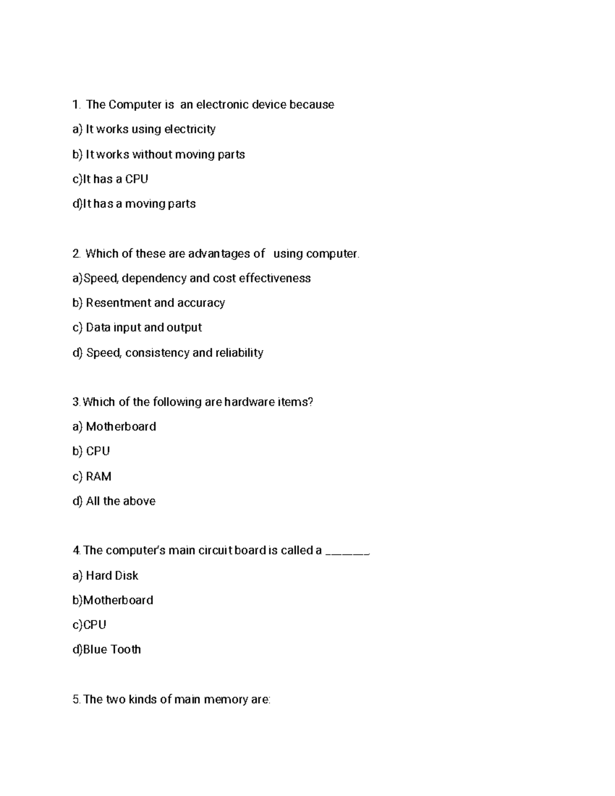 MCQ questions - MCQ question s - The Computer is an electronic device ...