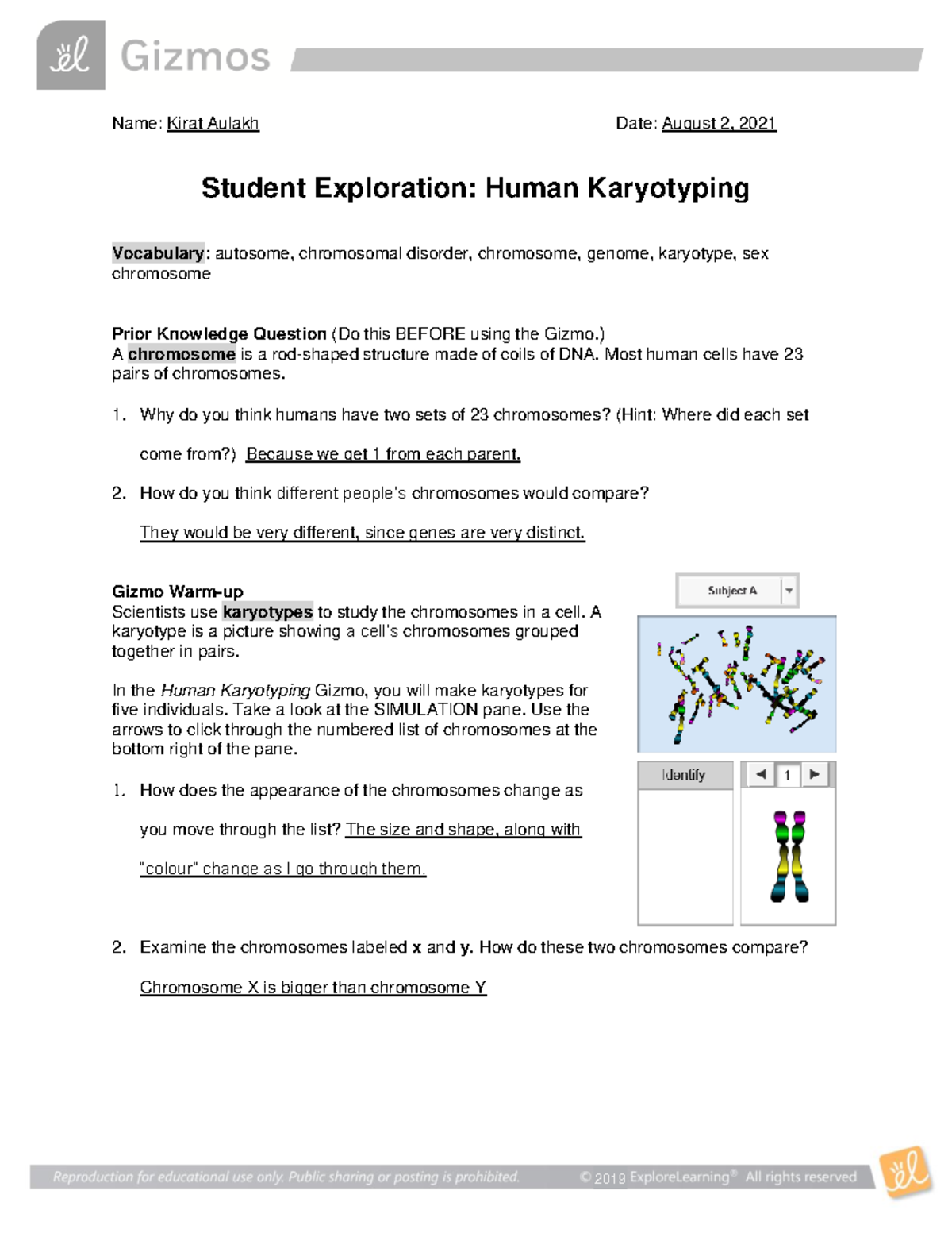 Human Karyotyping SE - Name: Kirat Aulakh Date: August 2, 2021 Student ...