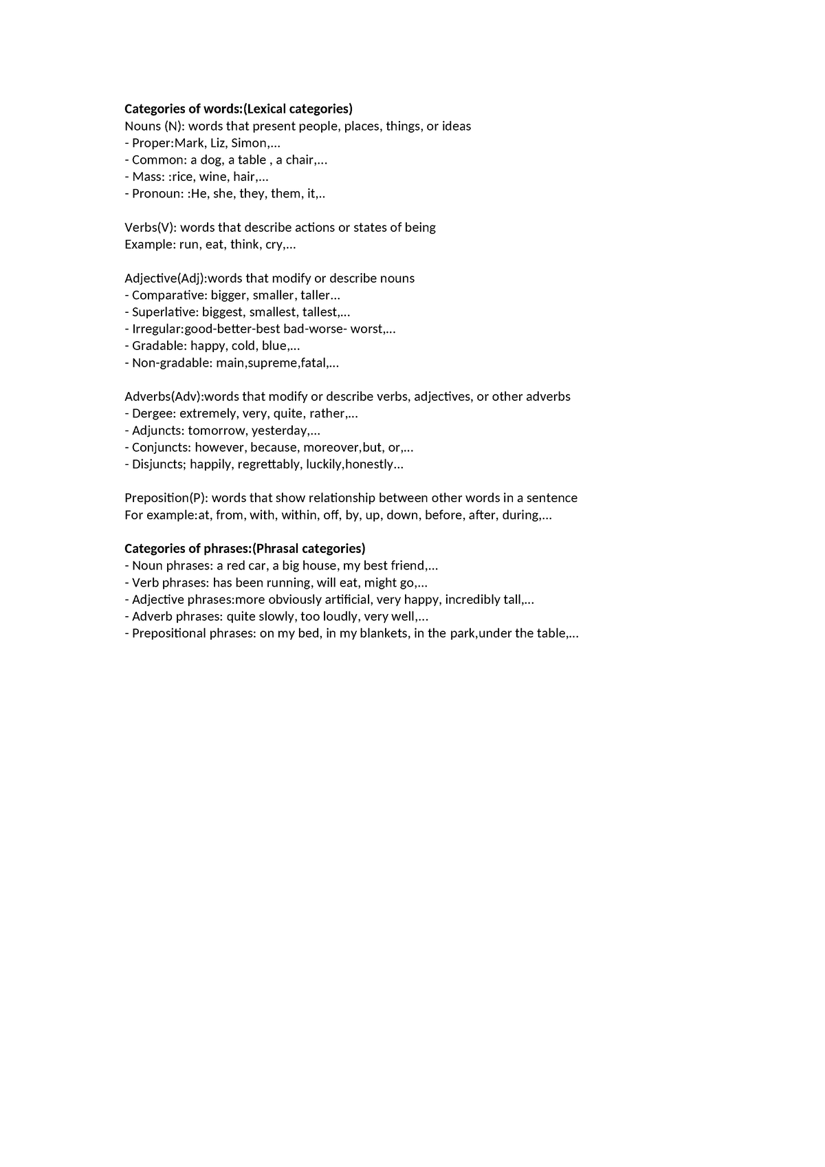 Categories of words - SYNTAX - Categories of words:(Lexical categories ...