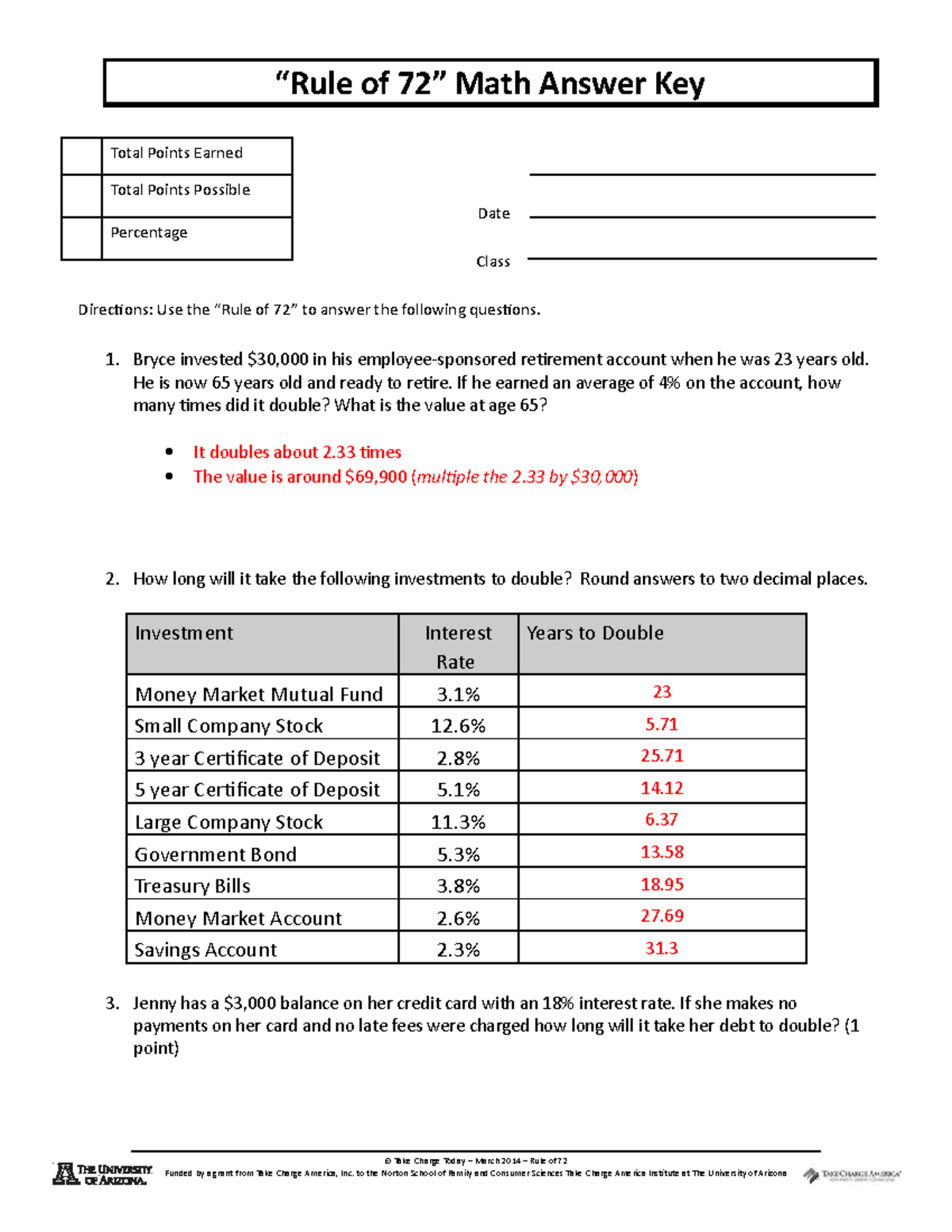 Rule Of 72 Answer Key Rule Of 72 Math Answer Key Date Class 