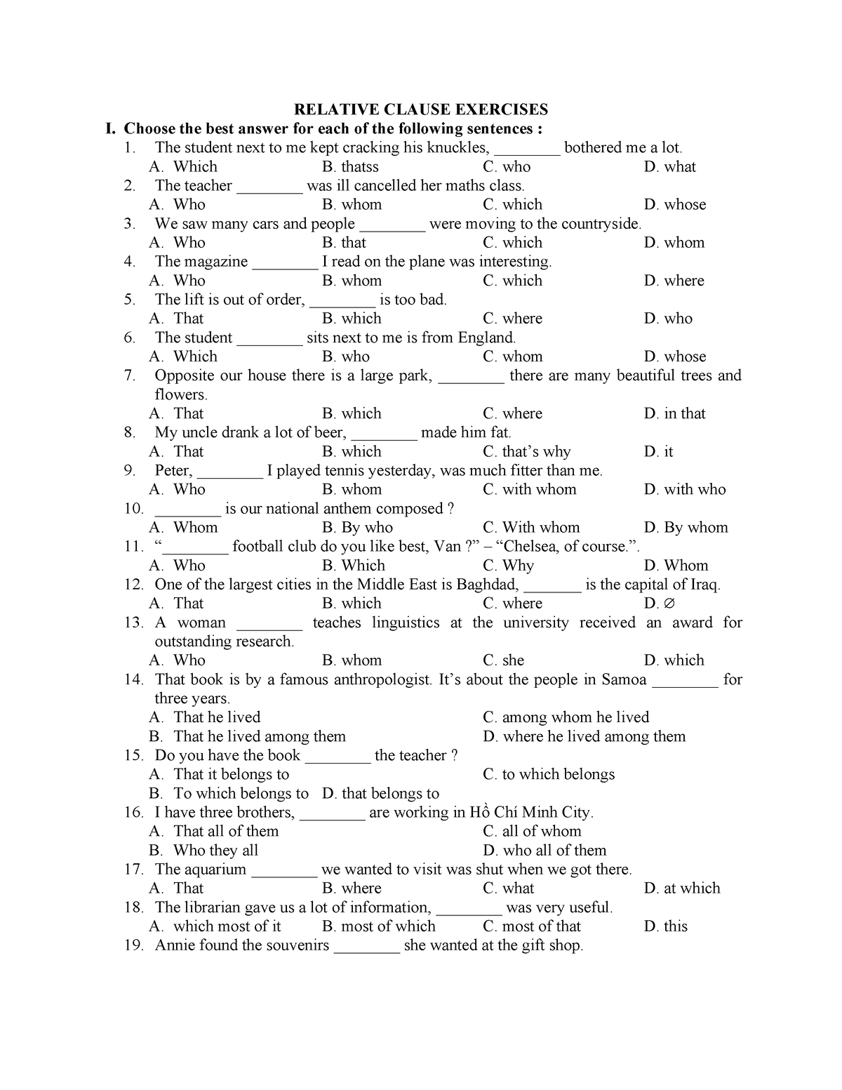 Relative Clause Exercises -unit 3,4 - RELATIVE CLAUSE EXERCISES I ...