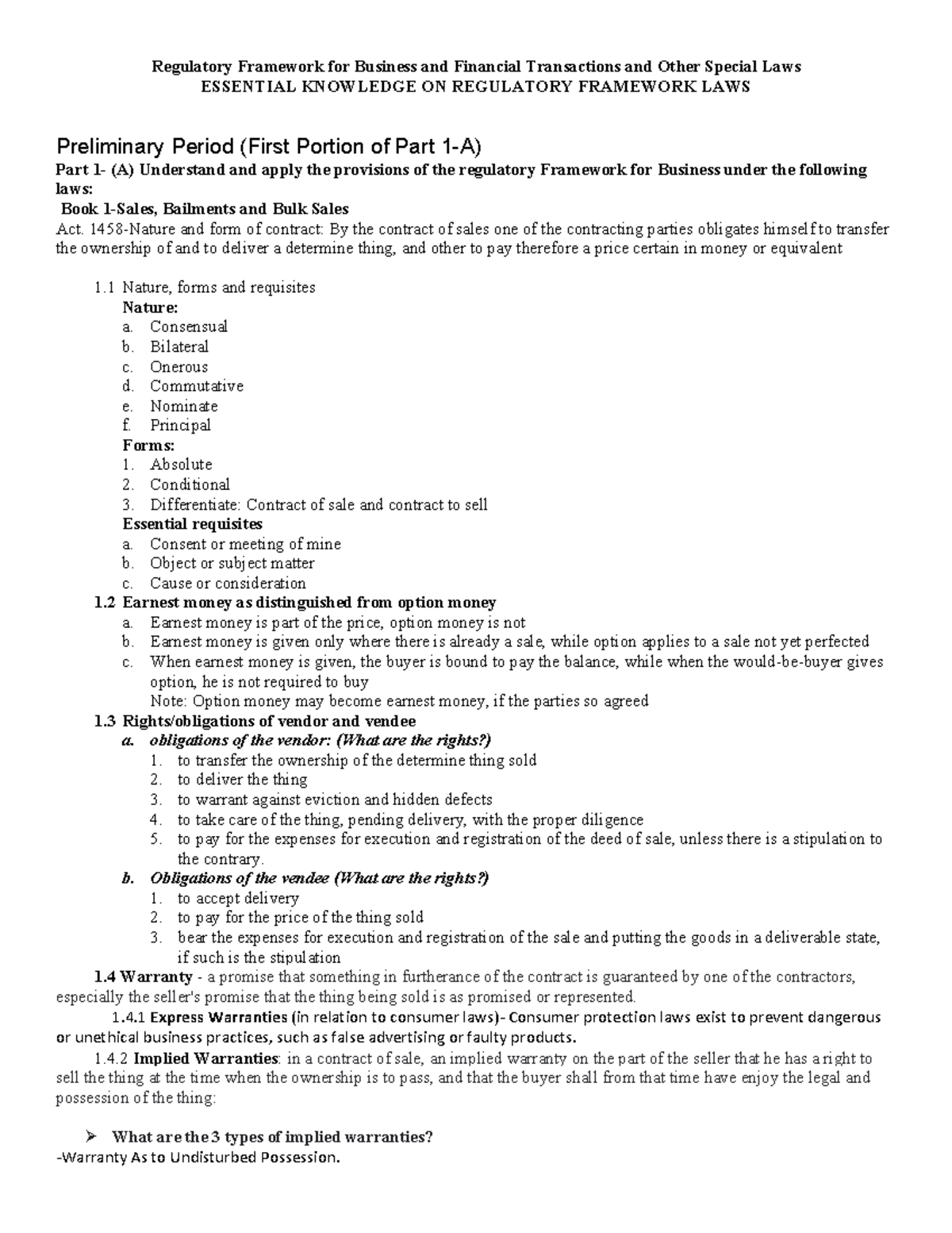 Book 1 & 2 Lecture notes Law on Sales & Recto and Maceda Laws, and