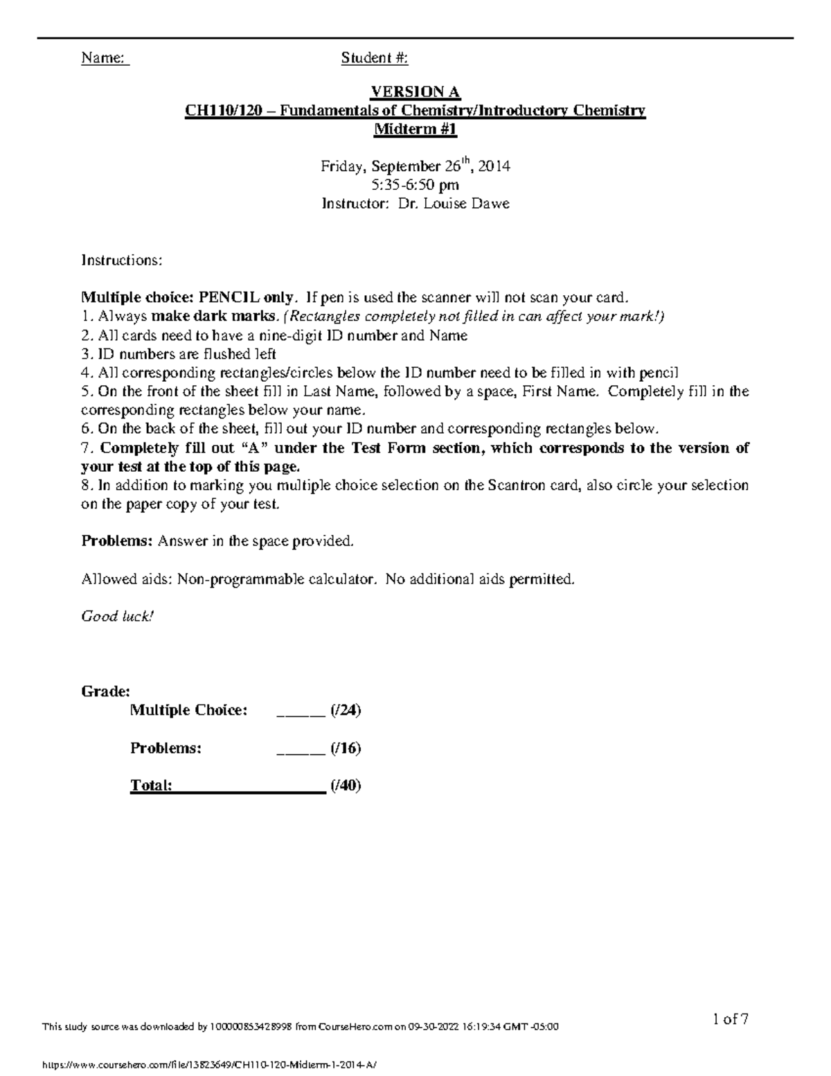 CH110 120 Midterm 1 2014 A 1 Of 7 VERSION A CH110 120 Fundamentals 