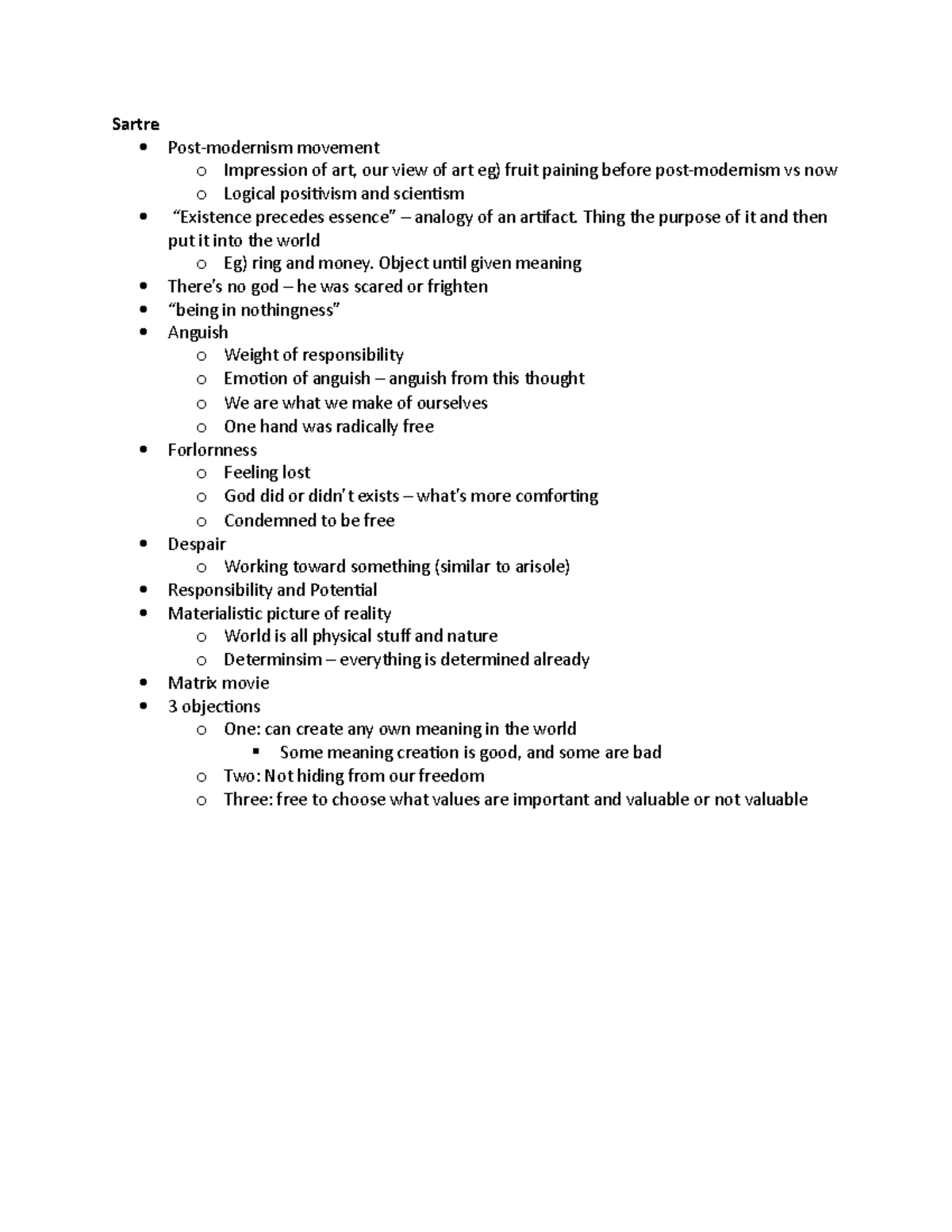 Menaing of life tutorial note - Sartre Post-modernism movement o ...