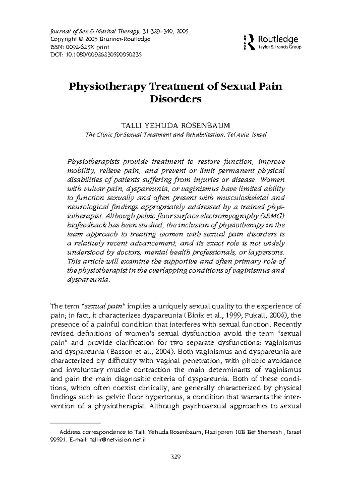 12. Physiotherapy Treatment of Sexual Pain Disorders author Talli ...