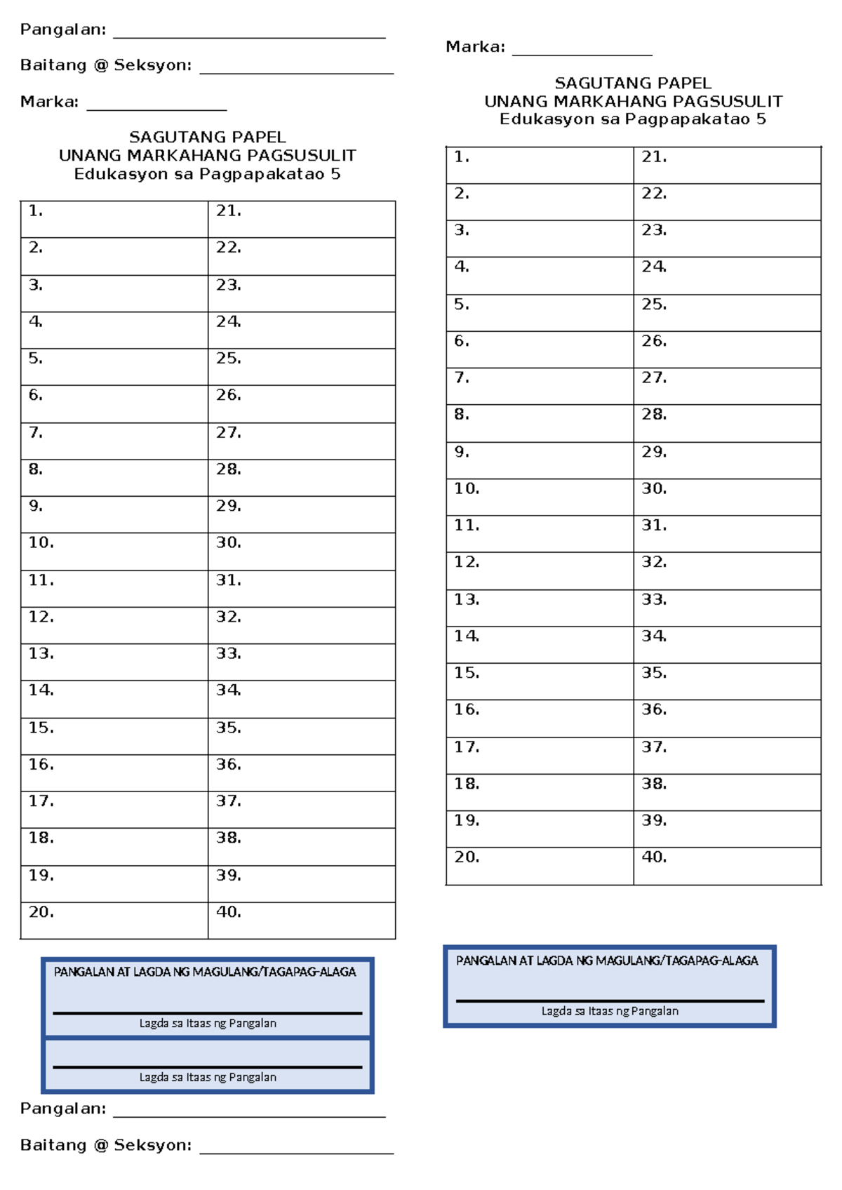 Answer Sheet - Tagalog - Pangalan ...