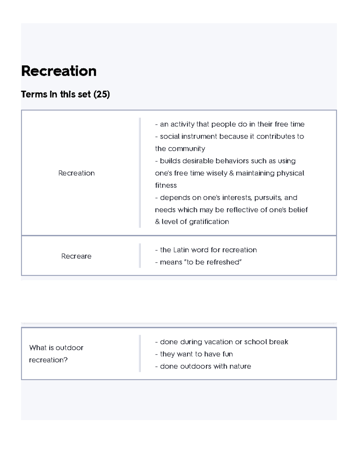 Recreation Flashcards Quizlet Recreation Terms in this set (25