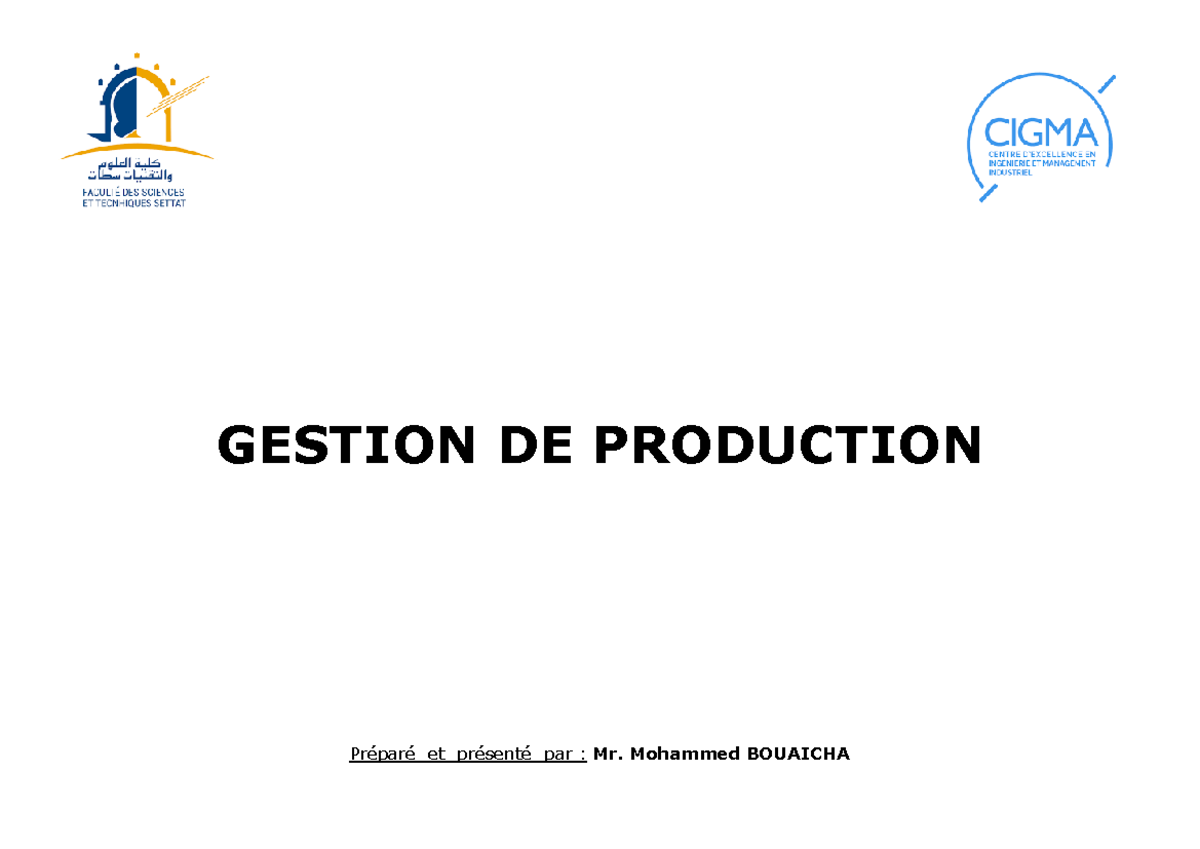 Gestion De Production - Cours - GESTION DE PRODUCTION Préparé Et ...