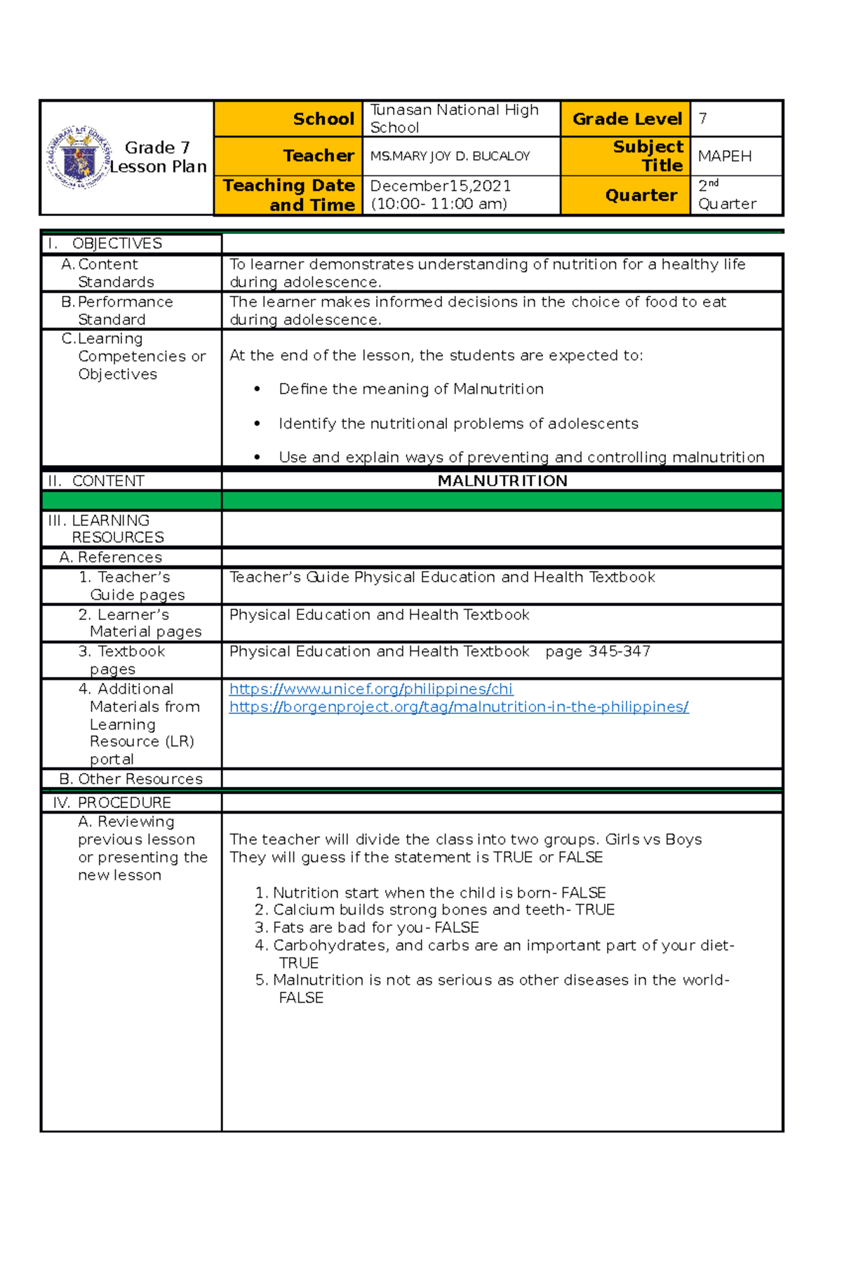 Lesson Plan- Health- Malnutririon - Grade 7 Lesson Plan School Tunasan ...