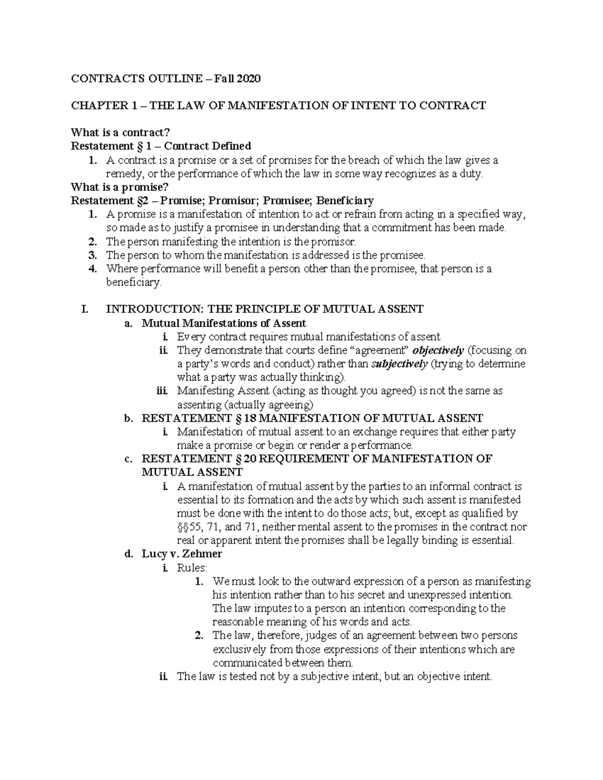 Contracts Outline - CONTRACTS OUTLINE – Fall 2020 CHAPTER 1 – THE LAW ...