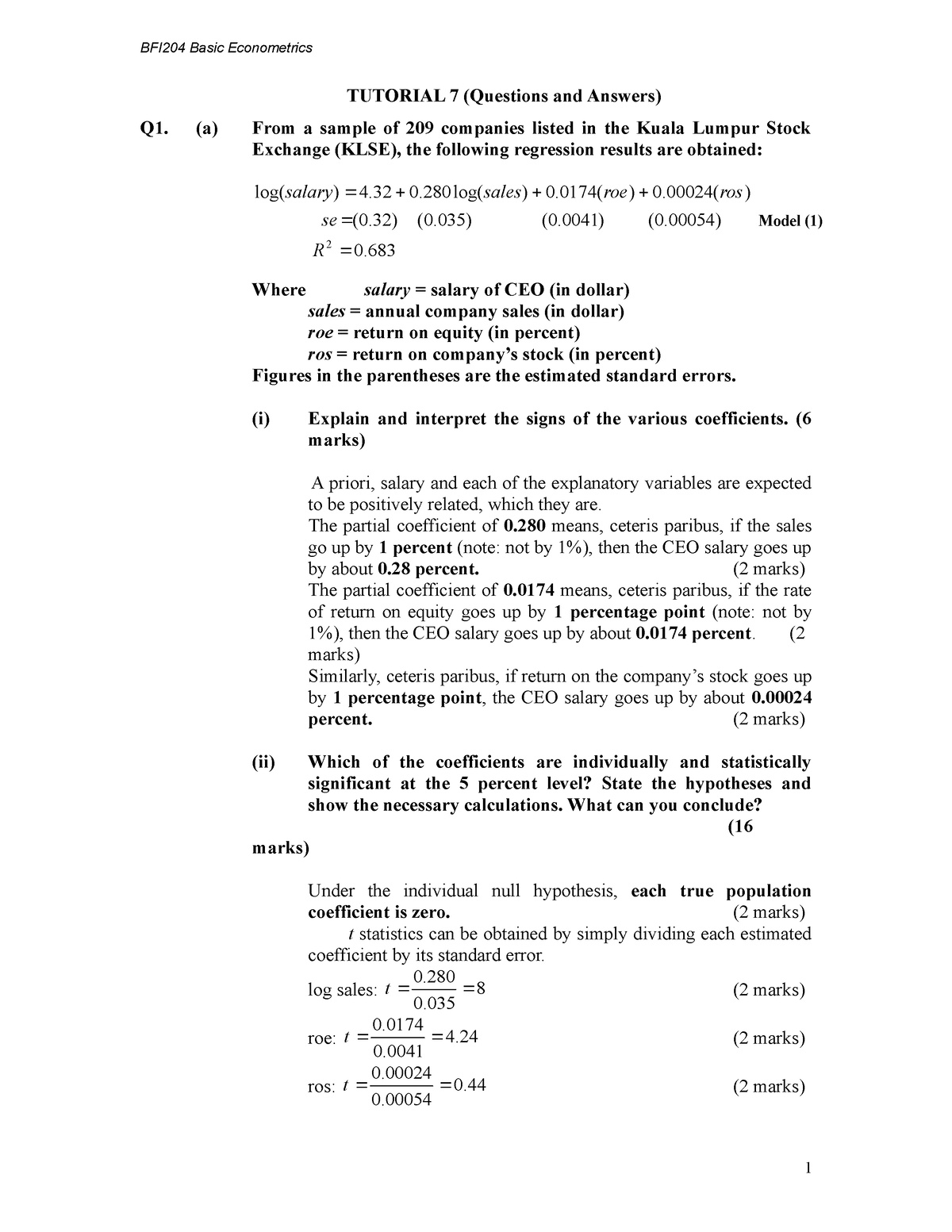 Tutorial 7 And 8 Answer TUTORIAL 7 Questions And Answers Q1 a 