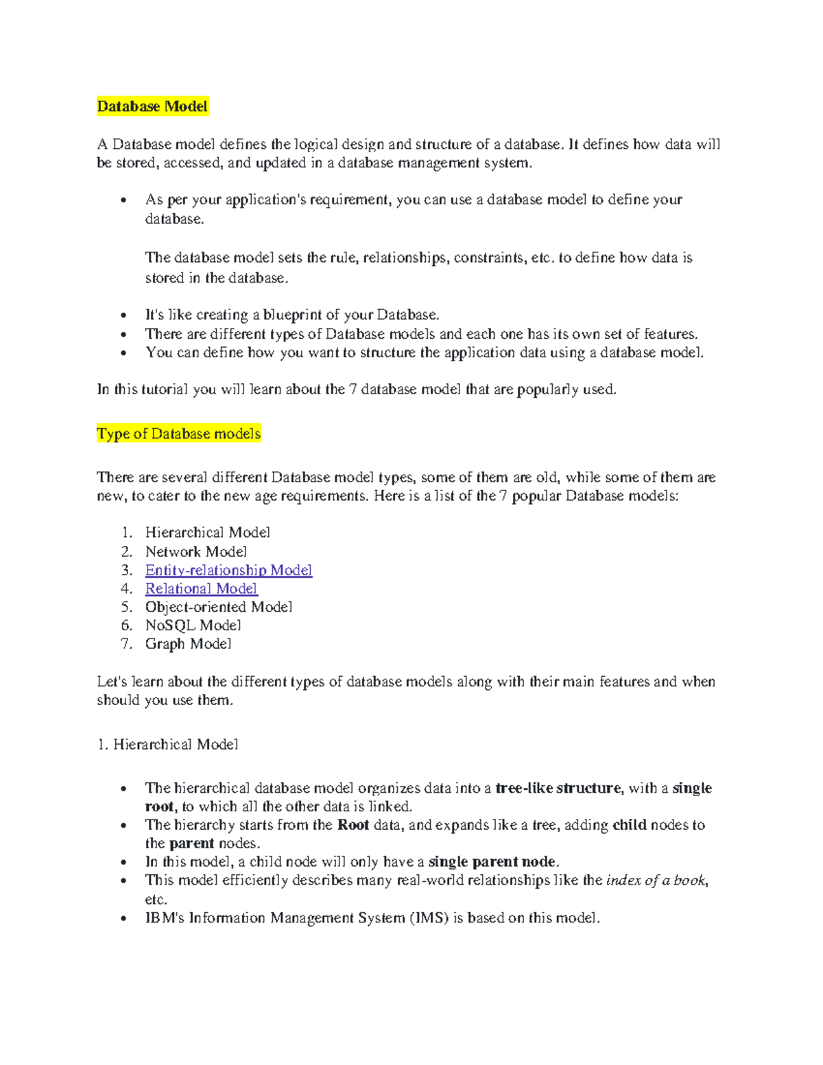 Database Model Notes - Database Model A Database model defines the ...