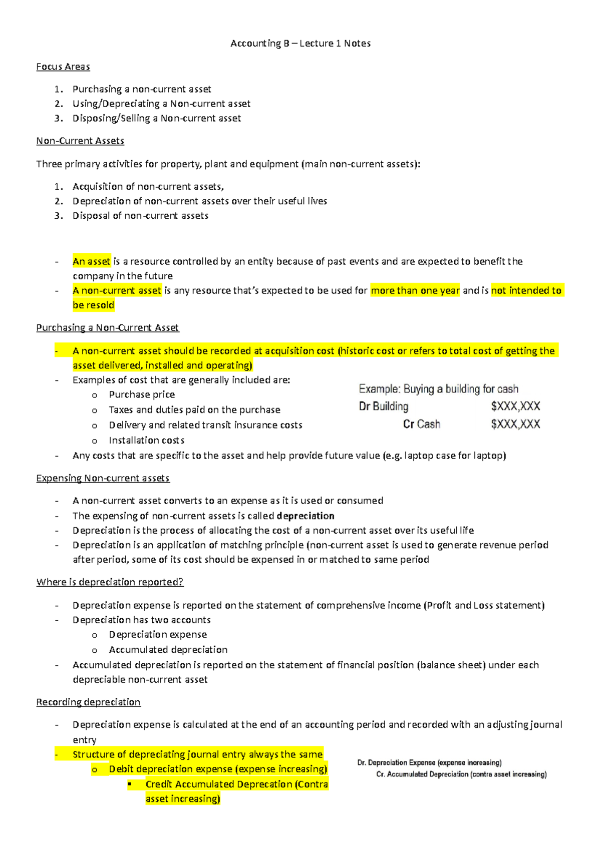 Accounting B Lecture 1 Non-Current Asset Notes - 22207 - Studocu