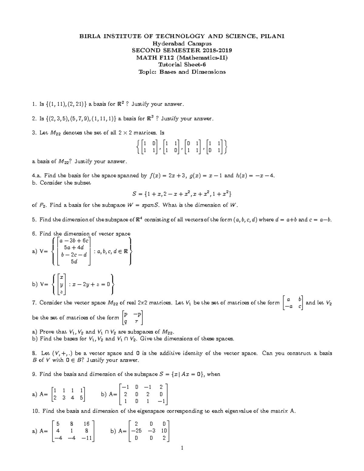 Tutorial Sheet 7 - Birla Institute Of Technology And Science, Pilani 