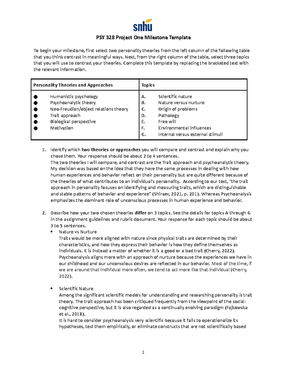 PSY 328 Project One Milestone Template - Next, from the right column of ...