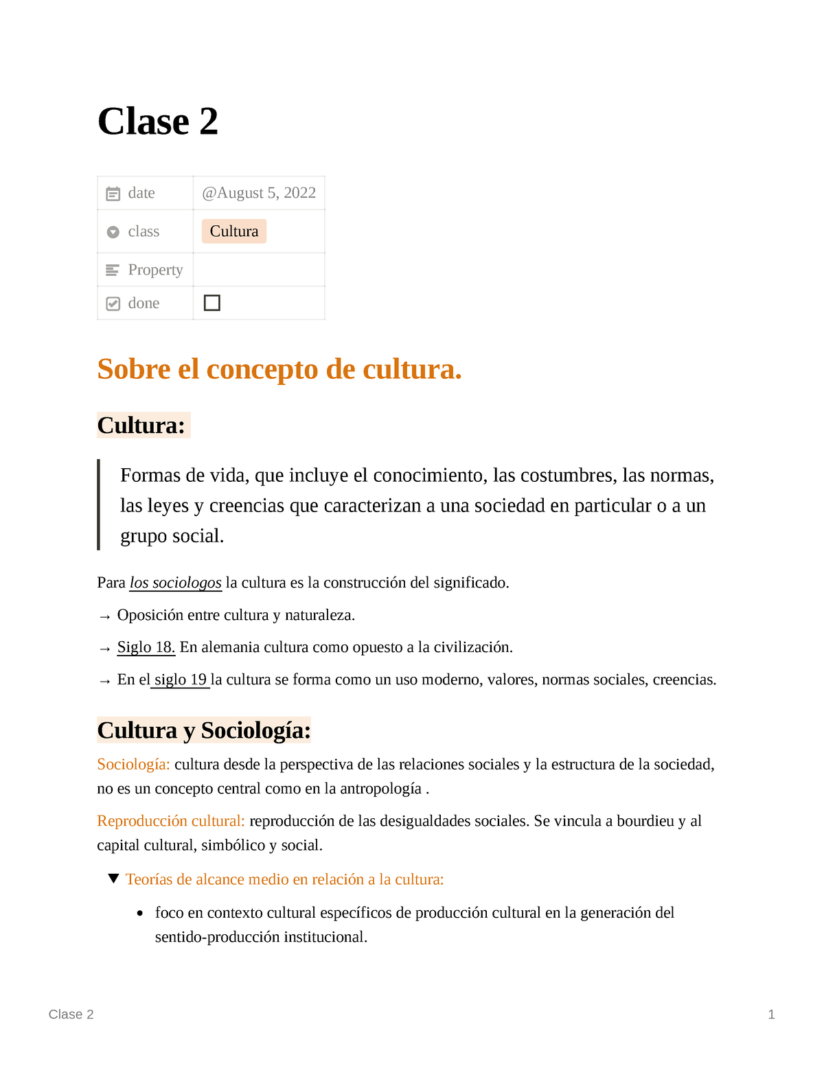 Clase 2 - Cultura - Clase 2 1 Clase 2 Date Class Cultura Property Done ...