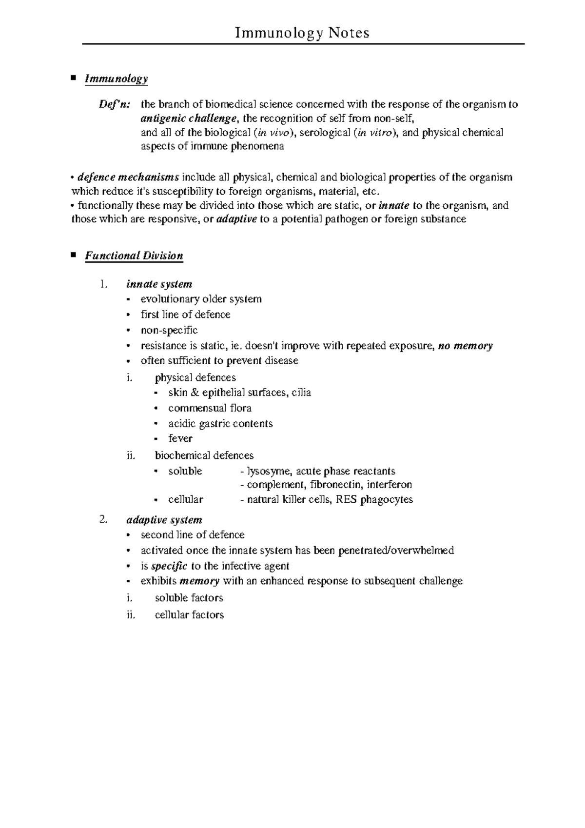 474 - beneficials notes - Immunology Def'n: the branch of biomedical ...
