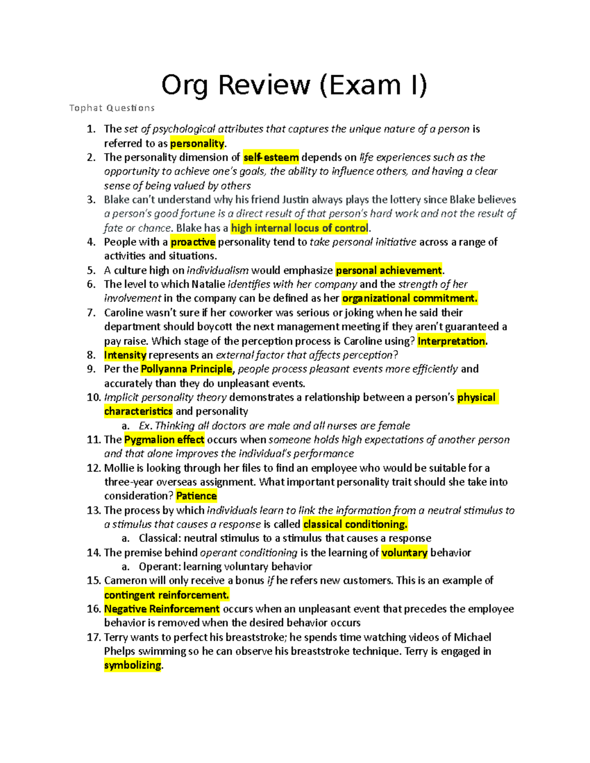 Org Review (Exam I) tophat questions and answers for exam I Org