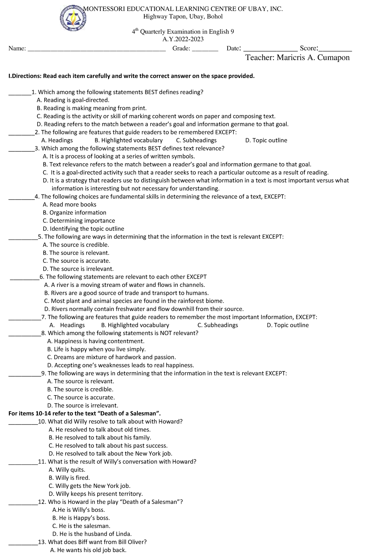 4th- Quarter-eng - Notes - Montessori Educational Learning Centre Of 