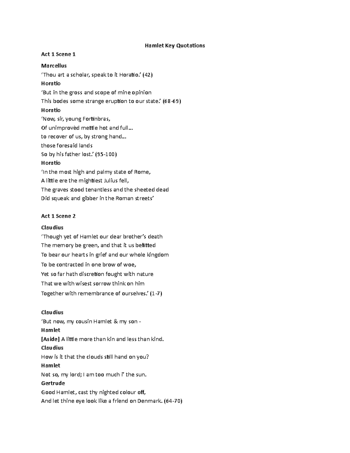 Hamlet Key Quotations ’ (42) Horatio ‘But in the gross and scope of