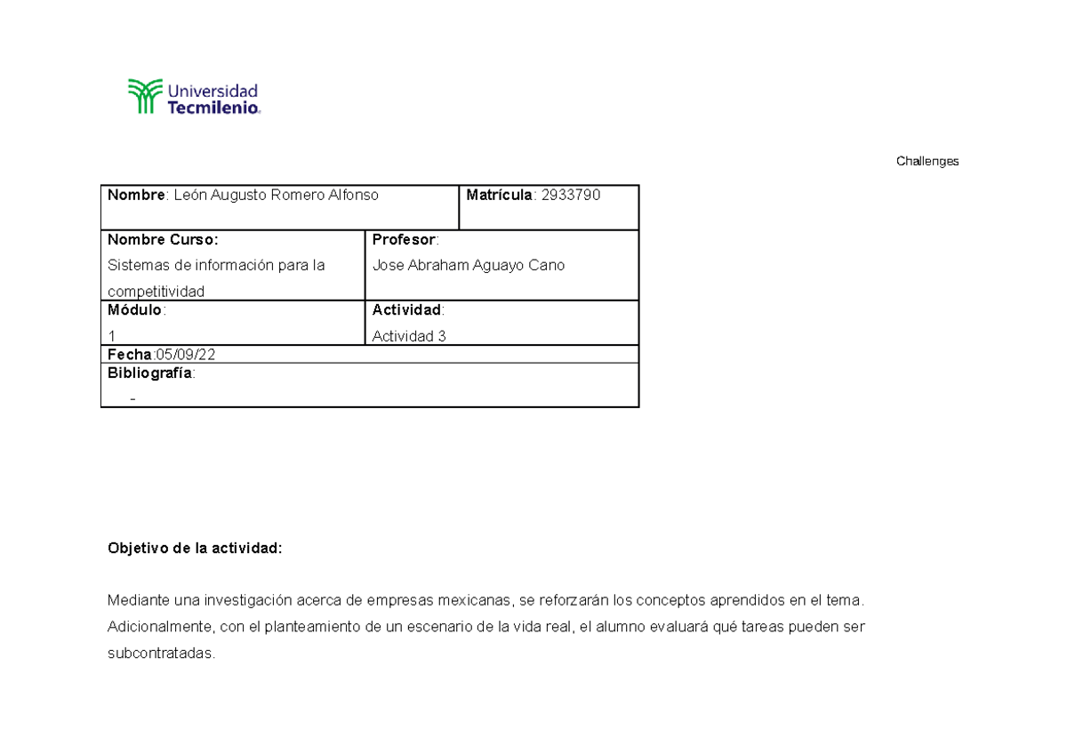 Sistemas de información para la competitividad Actividad 3 - Nombre ...